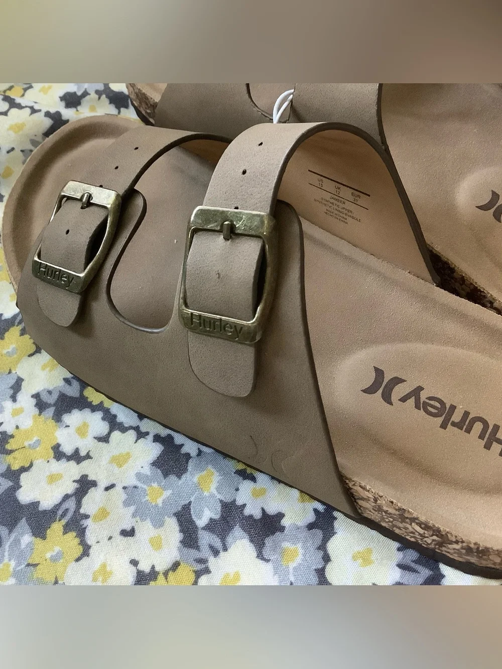 Kids Hurley Olive Brown Cork-Style Buckle Slide Sandals